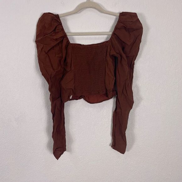 Abercrombie & Fitch Brown Puff Shoulder Long Sleeve Cropped Top - Picture 2 of 6